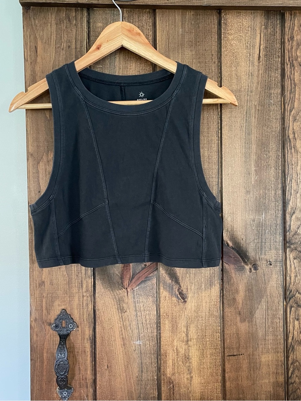 Aerie Offline Washed Black Crop Pieced Muscle Tank Top XS Sporty Boho